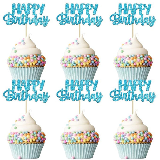 Gyufise Happy Birthday Cupcake Toppers Blue Glitter Birthday Cake Topper Picks Dessert Topper Decoration for Birthday Party Anniversary Celebration Pack of 24