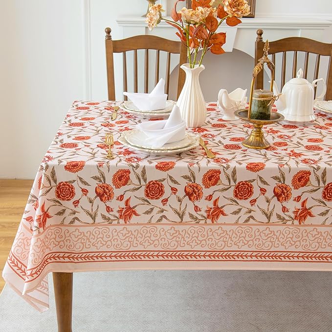 Valentine's Day Tablecloth 84 inches Length, Red Floral Waterproof Tablecloth Vintage French Style Home Decor, Elegant Floral Design, Stain Resistant, Perfect for Dining & Kitchen?W60 x L84
