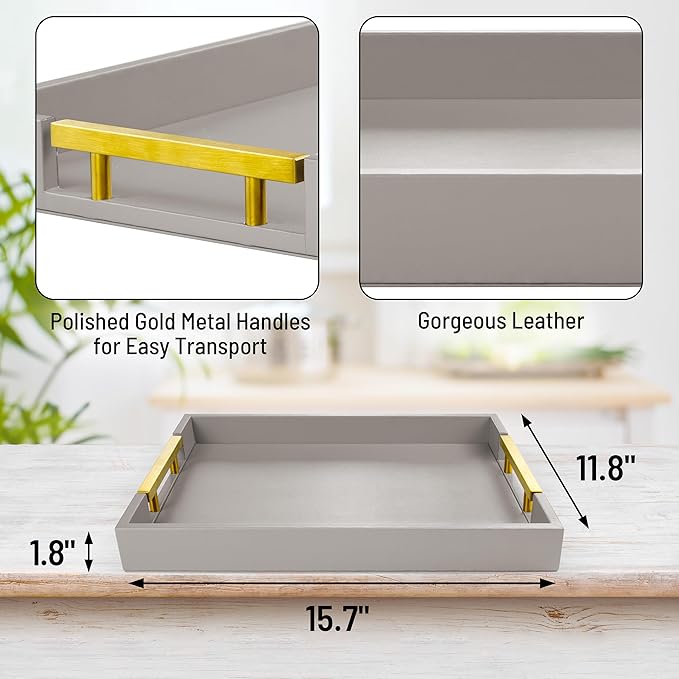 Leather Serving Tray with Gold Polished Metal Handles, Home Decorative Wooden Rectangle Ottoman Decor Platter Bathroom Vanity Tray for All Occasions Grey