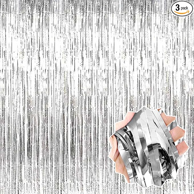 3 Pack Silver Foil Fringe Curtains Backdrop, 3.28 x 8.2 Ft Metallic Streamers Tinsel Curtains Background for Photo Booth, Birthday, Halloween, Christmas, Thanksgiving, New Year Party Decorations