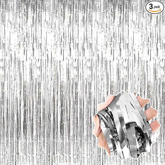 3 Pack Silver Foil Fringe Curtains Backdrop, 3.28 x 8.2 Ft Metallic Streamers Tinsel Curtains Background for Photo Booth, Birthday, Halloween, Christmas, Thanksgiving, New Year Party Decorations