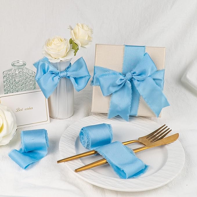 Satin Silk Ribbon, Light Blue Ribbon for Wrapping, 1-1/2 inch x 15 Yd Handmade Frayed Fringe Ribbons, for Wedding Engagement Birthday Shower Craft Flower Bouquet Invitation Decor, 3 Rolls