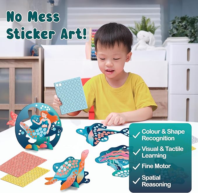 BINCA Foam Sticker Mosaic Art Activity, 750+ 3D Glitter Foam Stickers, 5 Underwater Animals with Display Arch, Christmas Stocking Stuffers, DIY Mess-Free Activity, Gifts for Boys & Girls Ages 5,6,7,8