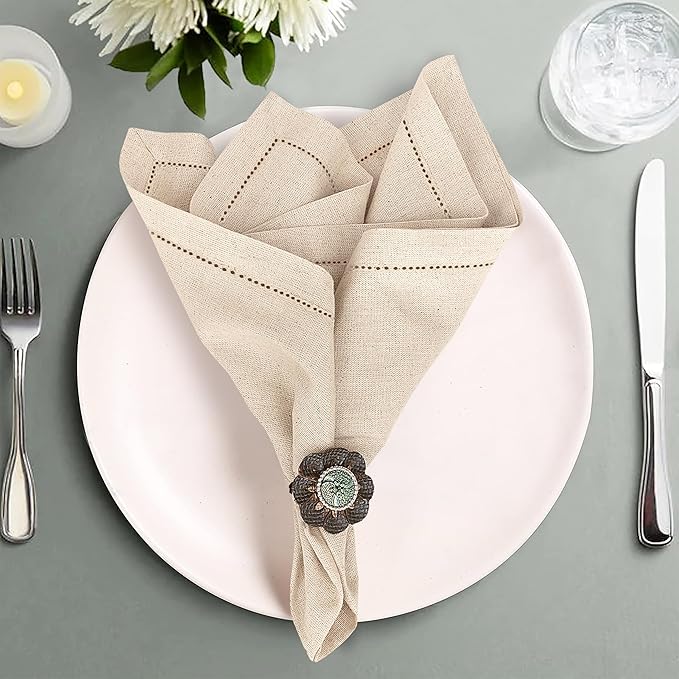 Ruvanti Premium Linen Napkins Set of 12-20x20 Inch, Classic Hemstitch, Mitered Corner Cloth Napkins‎‎ - Soft, Elegant Dinner Napkins Cloth Washable for Weddings, Parties, Everyday Use - Natural