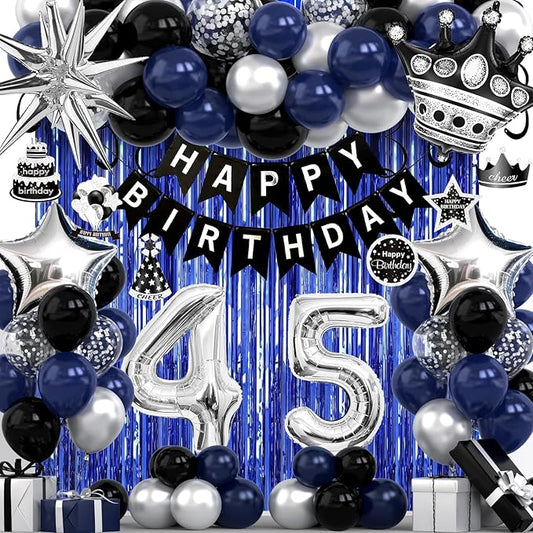 45th Birthday Decorations for Men and Women, Black Blue Silver Happy Birthday Number 45 Balloons, Banner, Fringe Curtains Garland Kit - 45 Year Old Party Supplies