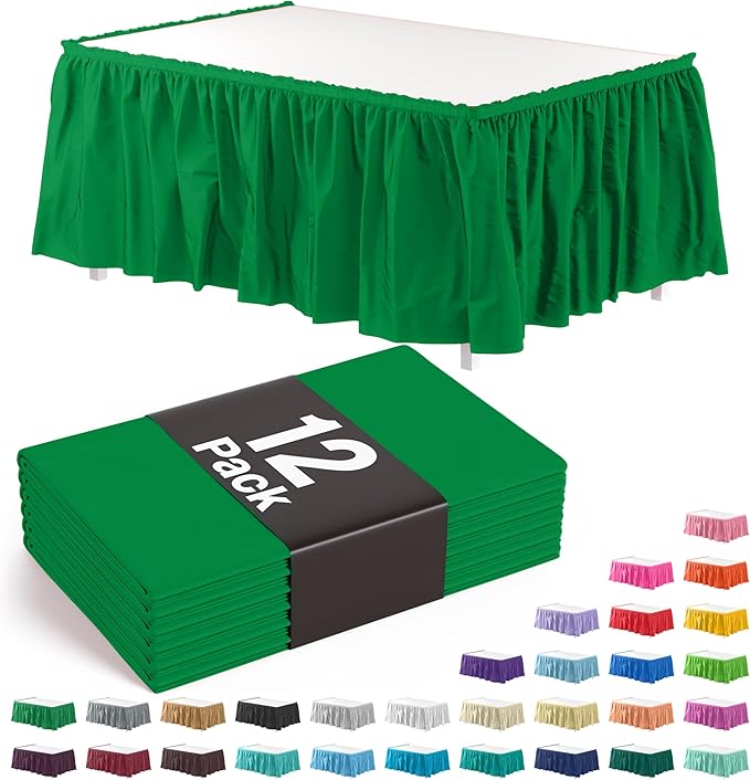 Exquisite Ruffle Table Skirt Emerald Green 12 Pack 14 Ft Long Table Skirts for Rectangle Tables 6ft Plus or Round Tables Skirts with Adhesive Strip for Gender Reveal Decor & Happy Birthday Parties
