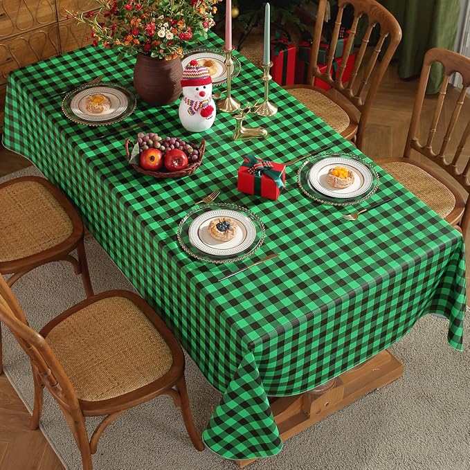 Buffalo Checkered Vinyl Christmas Tablecloth Rectangle 60 x 84 Inch with Flannel Backed, Waterproof & Stain Resistant Heavy Plastic Table Cover for Holiday, Party & Farmhouse, Green and Black