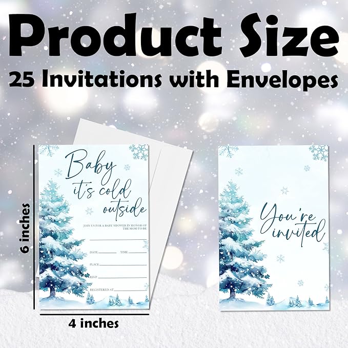 4'' x 6'' Baby It's Cold Outside Baby Shower Invitations - 25 Watercolor Tree Invited Cards with Envelopes - Winter Announcement Invites for Boys & Girls, Gender Reveal Party Supplies & Decor -A03