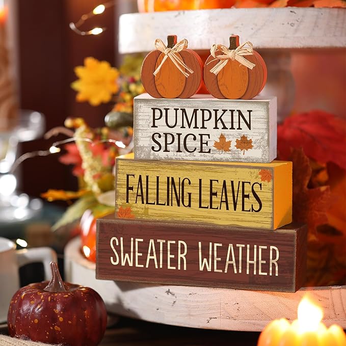 4 Pcs Thanksgiving Pumpkin Decor Fall Table Decoration Fall Tiered Tray Decor Thanksgiving Centerpiece Rustic Decorative Pumpkin Block Sign Gift Farmhouse Autumn Table Sign for Home