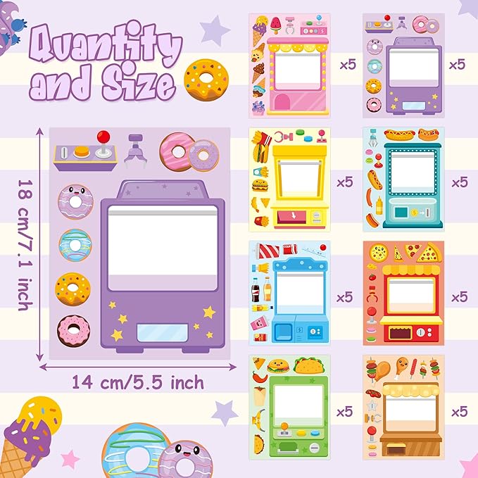 CY2SIDE 40Pcs Snack Vending Machine Face Sticker for Kids, Make A Snack Claw Machine DIY Sticker Sheets, Make Your Own Fast Food Decal Craft Games for School Reward, Food Shop Theme Craft Party Favor