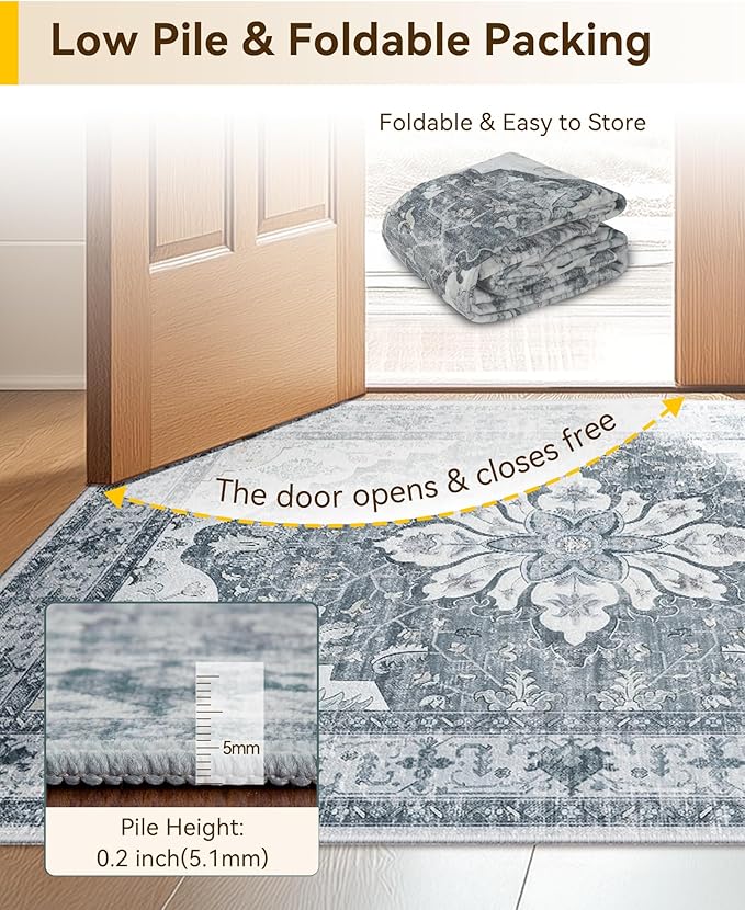 Area Rugs 5ft Washable Non-Slip, Floral Vintage Distress Print Pattern Medallion Carpet for Living Room Bedroom Dining Room, Light Gray Grey White