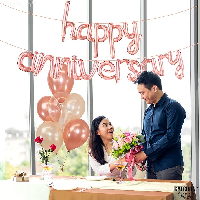 KatchOn, RoseGold Anniversary Balloons & Banner - 16 Inch | Foil Balloons, Party Decorations