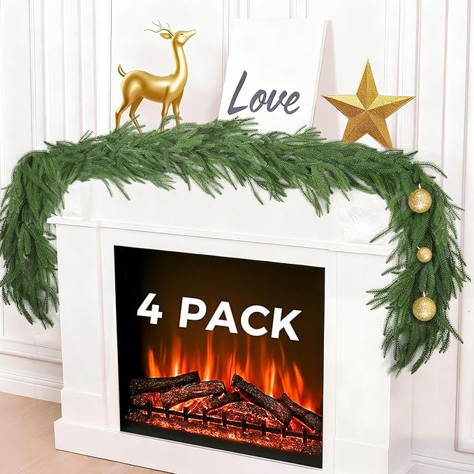 6 FT 4Pcs Christmas Norfolk Pine Garlands, Real Touch Pine Garland, Winter Artificial Greenery Xmas Garland for Holiday, Table, Wall, Fireplace, Mantel, Indoor & Outdoor Decoration (4 Pack, 6 FT)