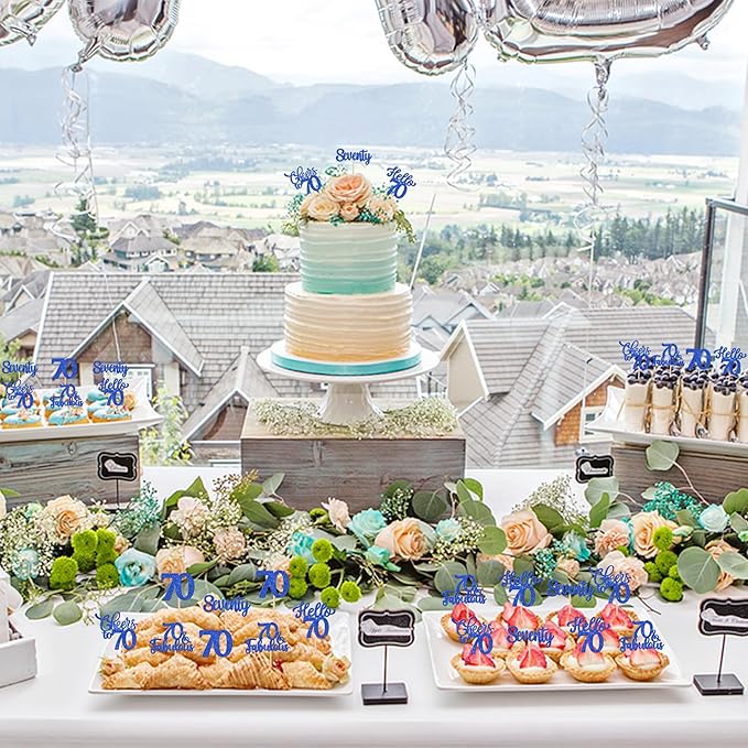 30PCS Happy 70th Birthday Cupcake Toppers Glitter Hello 70 Fabulous Seventy Cheers to 70 Years Old Birthday Cupcake Picks for Happy 70th Birthday Anniversary Party Cake Decorations Supplies Blue