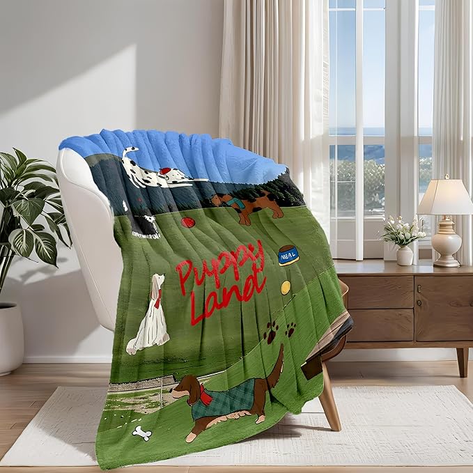 Flannel Blanket – 300GSM Soft Fleece Throw, Single-Sided Printed Dog Design, Cozy & Warm for Kids, Pets, Sofa, Bed, Travel – Cute Puppy Theme Blanket