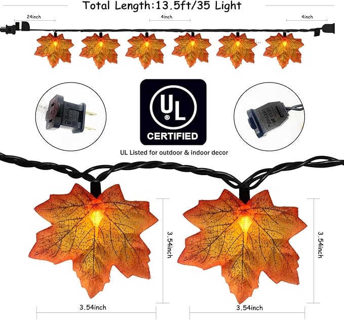 Fall Decor Maple Leaf String Lights,13.5ft 35 LED Thanksgiving Decorations Halloween String Lights,Autumn Orange Maple Leaf Garland with Light for Home Holiday Autumn Harvest Halloween Decor