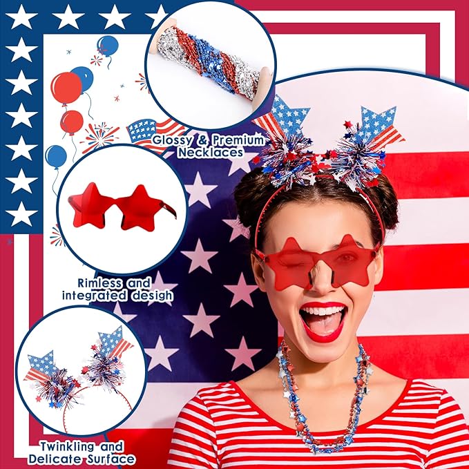 50 Pcs Red and White Holiday Team Spirit Party Accessories Pom Pom Party Headbands Star Shape Sunglasses Bead Necklaces Stuff Favors for Birthday Wedding Supplies( Independence Day)