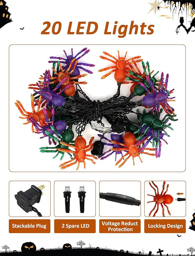 Sparkling Halloween String Lights, 12ft 20 LED Glitter Spiders, UL Certified Plug in Indoor Halloween Decor for Home, Mantle, Window & Party