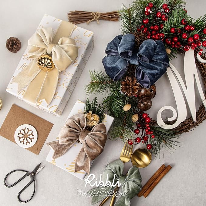 Ribbli Ivory Velvet Wired Ribbon 2.5 Inch Velvet with Satin Christmas Ribbon for Gift Wrapping Christmas Tree Decoration Crafts Wreaths Supplies-Continuous 10 Yards