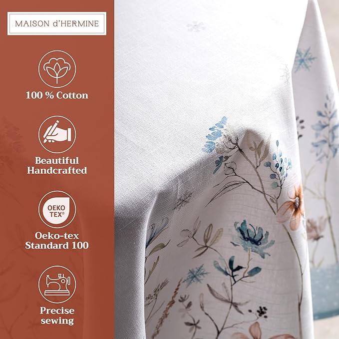Maison d' Hermine Table Cloth Round Table 100% Cotton 63 Inches Fall Tablecloth Reusable Everyday Use for Thanksgiving Christmas Decorations Dining Farmhouse Party (Ice Florals)