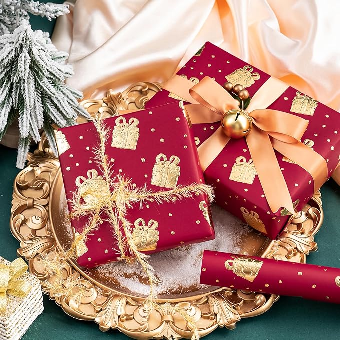 WRAPAHOLIC 3D Kraft Wrapping Paper Roll - Mini Roll - 17 Inch x 16.5 Feet - Gold and Red Christmas Presents Design with Embossed Perfect for Holiday, Party Celebration