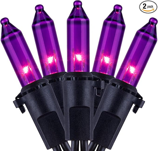 YULETIME Purple String Lights with Black Wire, Pack of 2 Strands 33 Ft 100 Count UL Certified Outdoor Halloween String Lights (Purple - Black Wire)