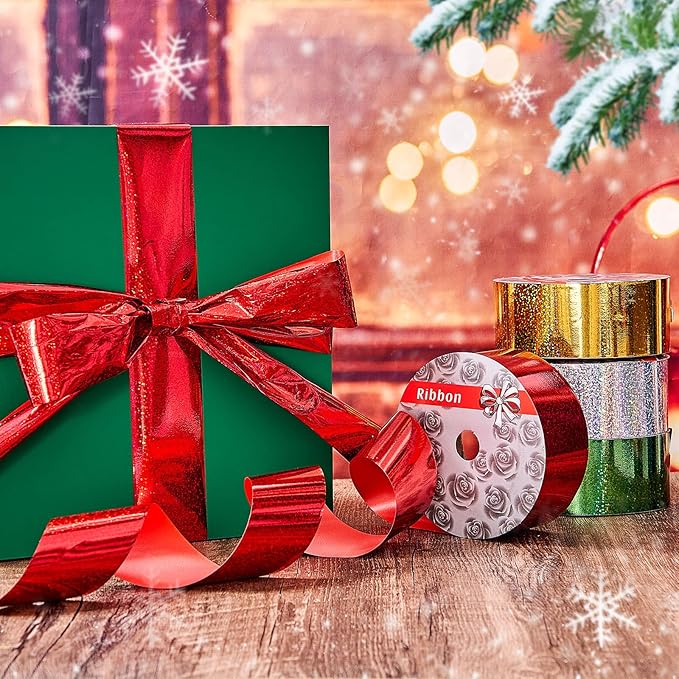 4 Rolls Wrapping Shiny Waterproof Ribbon for Christmas, 50 Yards Curling Plastic Ribbon for Gifts Package Wrapping, Bows, Festival Craft Party Decor(Green, Silver, Red, Gold,2 Inch)