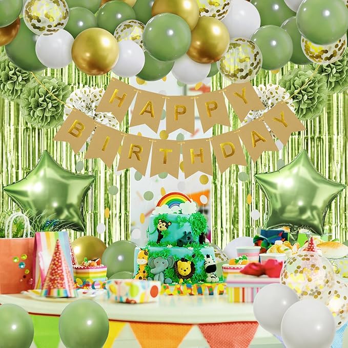 ZERODECO Sage Green Birthday Party Decorations, Olive Green Gold Pompoms Balloons Happy Birthday Banner Neutral Rustic Boho Blush Safari Botanical Greenery Décor for Baby Girls Women Party
