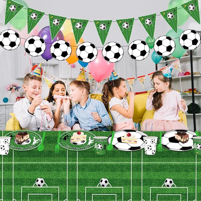 172pcs Soccer Theme Party Supplies Set, Plates, Cups, Napkins, Tablecloth and Banner, Sports Birthday Decorations for 24 Guests
