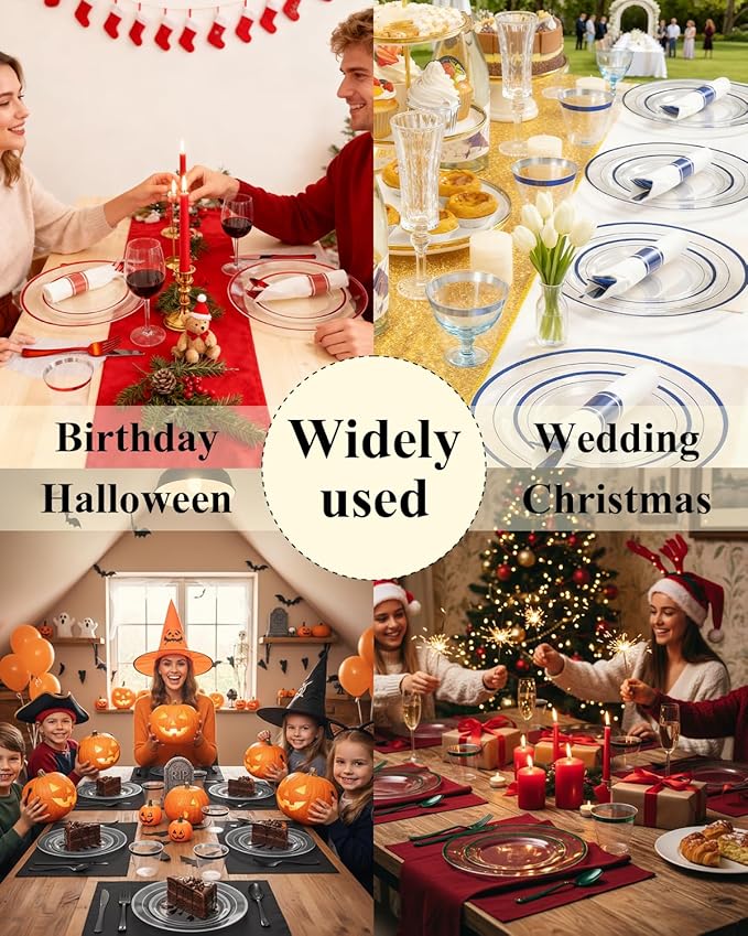 Goodluck 350 Piece Blue Plastic Plates, Clear Plastic Silverware Disposable Plates Set, Include 100Plates, 50Pack Pre Rolled Napkins with Silverware, 50Cups for Party, Wedding, Graduation