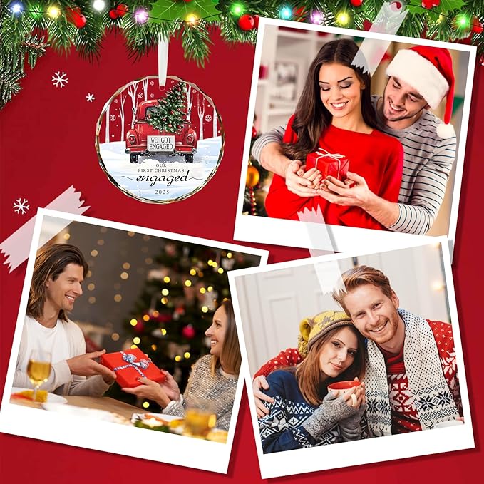 Engagement Gifts for Couples 2025, Our First Christmas Engaged Ornament Crystal Glass Keepsake, Wedding Gifts for Couples Christmas Decorations