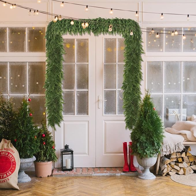 16ft Christmas Garland Realistic Soft and Thickness Green Faux Cedar Pine Garland Artificial Cedar Cypress Garland for Home Fireplace Wall Indoor Outdoor Holiday Party Home Decoration