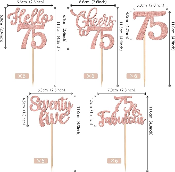 30PCS Happy 75th Birthday Cupcake Toppers Glitter Hello 75 Fabulous Seventy Five Cheers to 75 Years Old Birthday Cupcake Picks for Happy 75th Birthday Anniversary Party Cake Decor Supplies Rose Gold