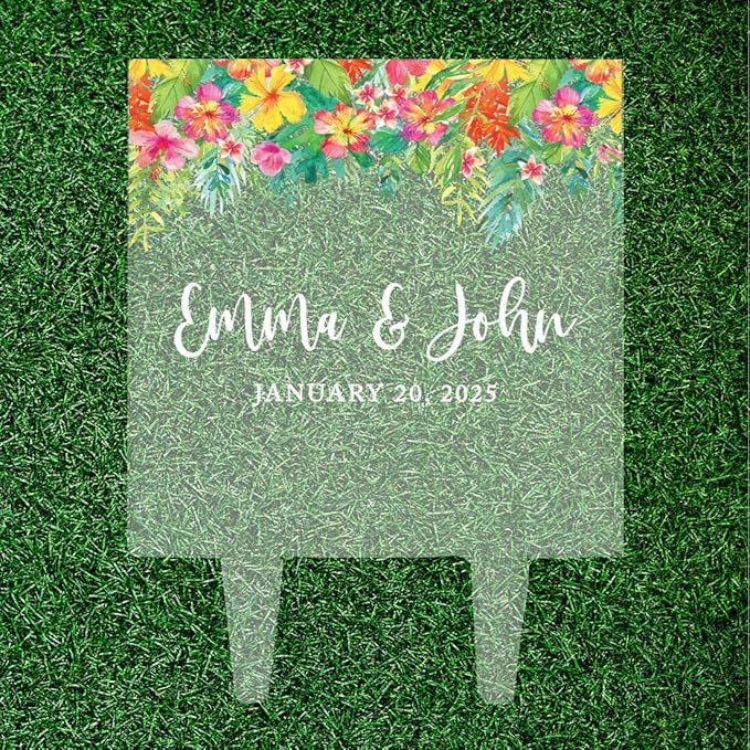 Andaz Press Tropical Beach Floral Custom Wedding Cake Topper, Acrylic Square Personalized Couple Cake Topper
