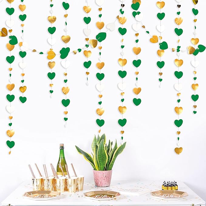 Valentines Day Party Decorations Green Gold and White Love Heart Garland Hanging Streamer Banner for Spring Summer Anniversary Engagement Wedding Bridal Baby Shower Birthday Mothers Day Party Supplies