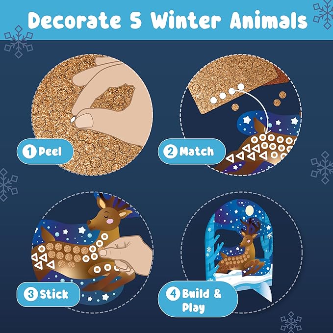 BINCA Foam Sticker Mosaic Art Activity, 750+ 3D Glitter Foam Stickers, 5 Winter Animals with Display Arch, Christmas Stocking Stuffers, DIY Mess-Free Activities, Gifts for Boys & Girls Ages 5,6,7,8