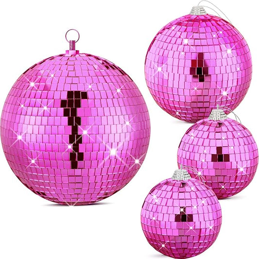 Nuenen 4 Pcs Large Pink Disco Ball Mirror Disco Ball 70s Mellow Hanging Disco Ball Stage Lightning Effect for 70s Theme Party Dj Props Wedding Birthday Decoration(8", 6", 4")
