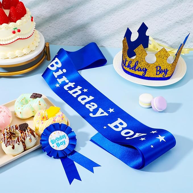 Birthday Boy Pin Sash Crown Set, Birthday Crown Costume Decorations for Boys Party Accessories (Blue)