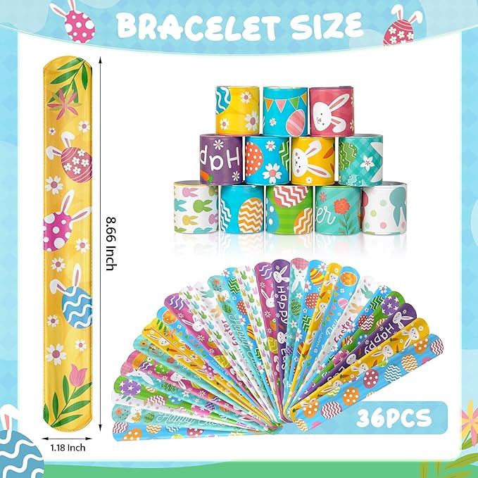 Childom 36 Pcs Easter Slap Bracelet,Easter Bunny Decorations Gifts Bracelet Decorations,Bracelets Present for Holiday Goodie Bag Stuffers,Bracelets Bulk for Birthday School Classroom Prizes Outdoor