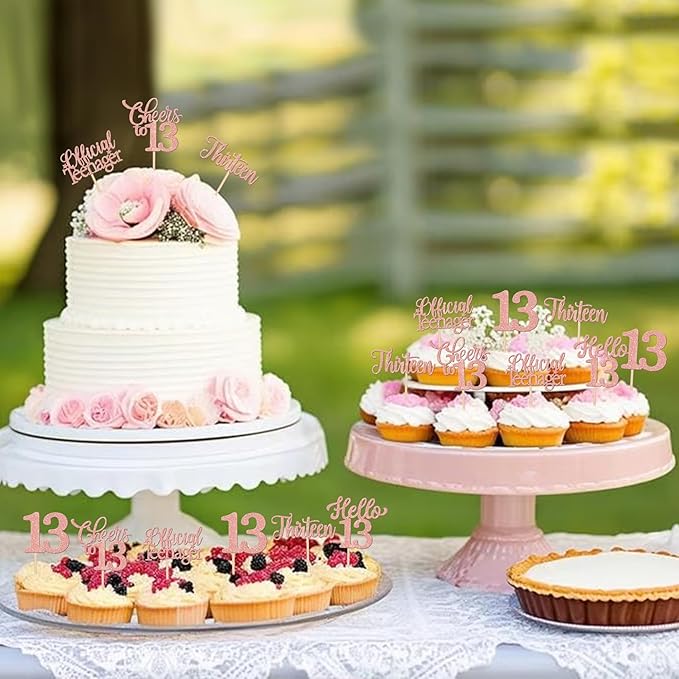 30PCS Happy 13th Birthday Cupcake Toppers Glitter Thirteen Official Teenager Hello 13 Cupcake Picks Cheers to 13 Birthday Decorations for 13th Birthday Anniversary Party Cake Decor Supplies Rose Gold