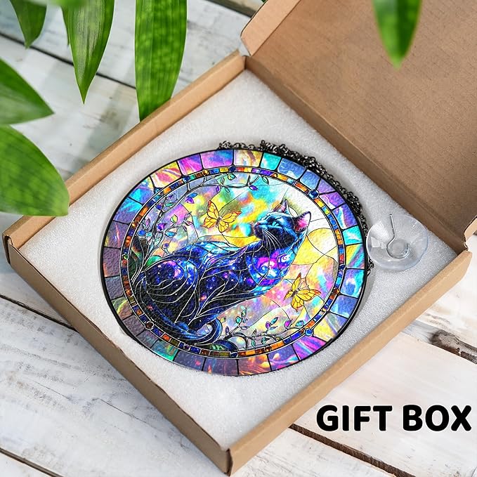 Galaxy Cat Stained Glass Suncatcher, Mystical Gothic Halloween Decoration, Butterfly Sun Catcher Window Hanging, Celestial Crystal Ornament, Halloween, Autumn Spooky Gift for Cat Lovers, Women, Mom