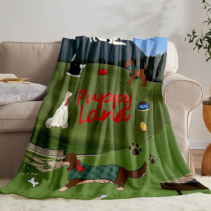 Flannel Blanket – 300GSM Soft Fleece Throw, Single-Sided Printed Dog Design, Cozy & Warm for Kids, Pets, Sofa, Bed, Travel – Cute Puppy Theme Blanket