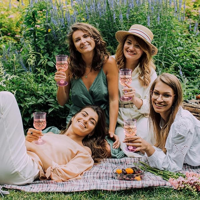 12 Pcs Pink Plastic Wine Glasses, Plastic Goblets Vintage Style Cordial Glasses Drinking Glasses Pink Goblets For Home, Office, Bars, Wedding, Ribbed (7 oz)