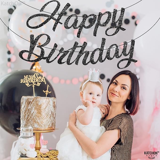 KatchOn, Glitter Black Happy Birthday Banner - Pre-Strung No DIY,10 Feet | Birthday Decorations for men, Women | Hbd Banner Backdrop For Black Party Decorations, Halloween Decorations
