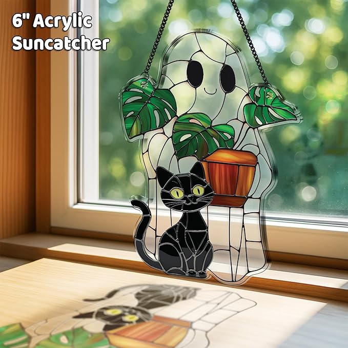 2 Cute Halloween Decorations, Spooky Cute Ghost Plant Suncatcher Window Hangings, Ghost with Black Cat Greenhouse, Pumpkin Ornaments Home Garden, Gifts for Mom, Plant Lovers, Women, Girl