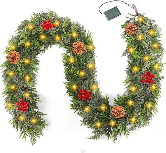 6FT Lighted Christmas Cedar Cypress Garland, Soft and Lush Pine Garland with 50 LEDs,Pre-lit Xmas Battery Operated with Timer for Outdoor Indoor Fireplace Mantle Stair Railings