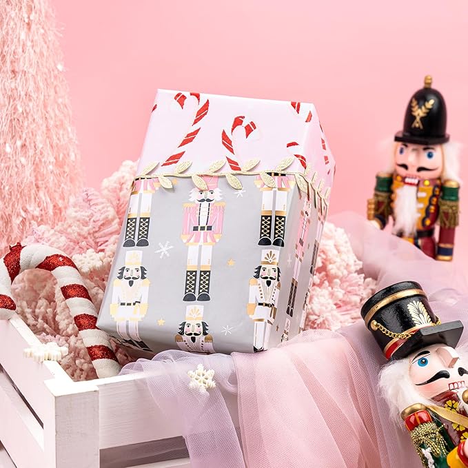 WRAPAHOLIC 30 Inch Jumbo Reversible Nutcracker Christmas Wrapping Paper - 30 Inch x 100 Feet Jumbo Roll Nutcracker and Candy Cane Design Printed on Pearlized Paper for Chrsitmas, Holiday, Party