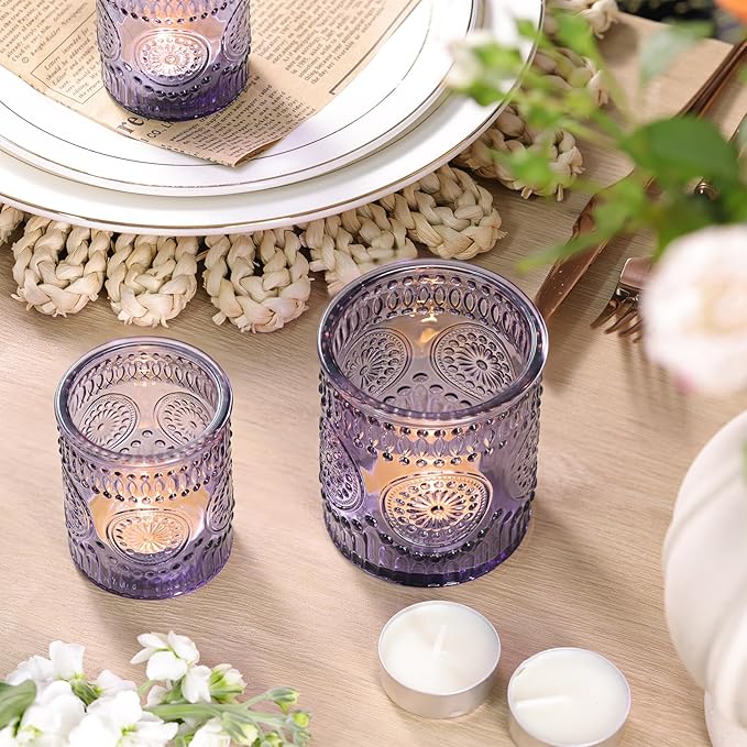 Volens 20pcs Assorted Purple Votive Candle Holders Bulk, Large Glass Votive & Tea Light Candle Holder for Wedding Table Centerpieces, Purple Party Decorations, and Home Decor