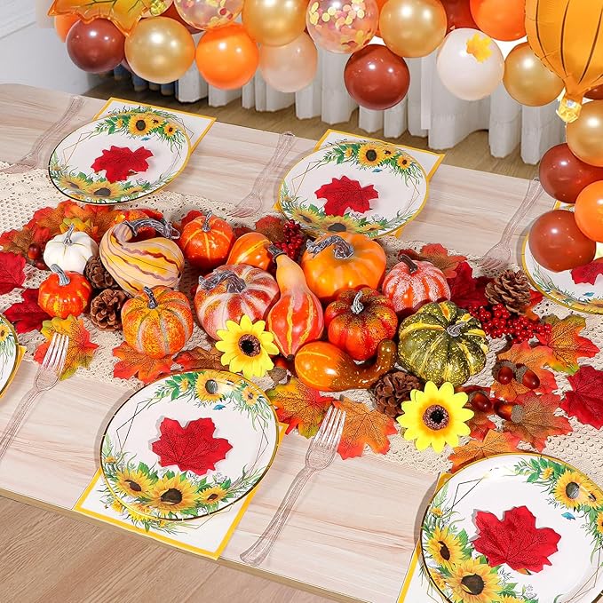 Atonofun Thanksgiving Artificial Pumpkins Fall Decorations for Home, 88 Pcs Decor- 50 Leaves, 20 Acorns, 2 Pinecones, 14 Fake Pumpkins, 2 Sunflowers, Thanksgiving Fall Harvest Home Table Centerpiece