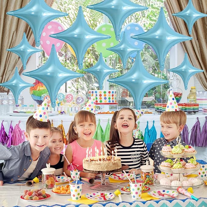 Blue Star Balloons,12Pcs Four Angle Star Foil Balloons,26Inch and 10Inch Light Blue Quadrangle Helium Balloon for Birthday Anniversary Baby Shower Wedding Party Decorations